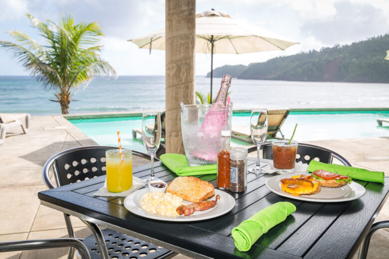 Oceanview restaurant and bar at Pagua Bay House, Marigot, Dominica