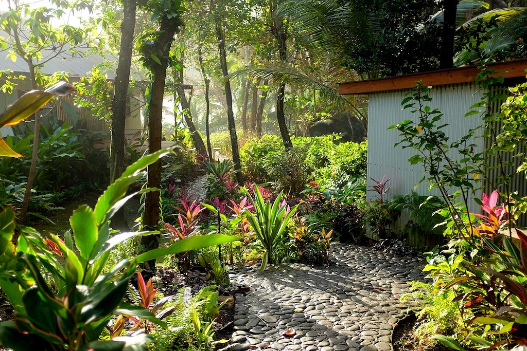 Tropical gardens surrounding the cabanas at Pagua Bay House, Marigot, Dominica